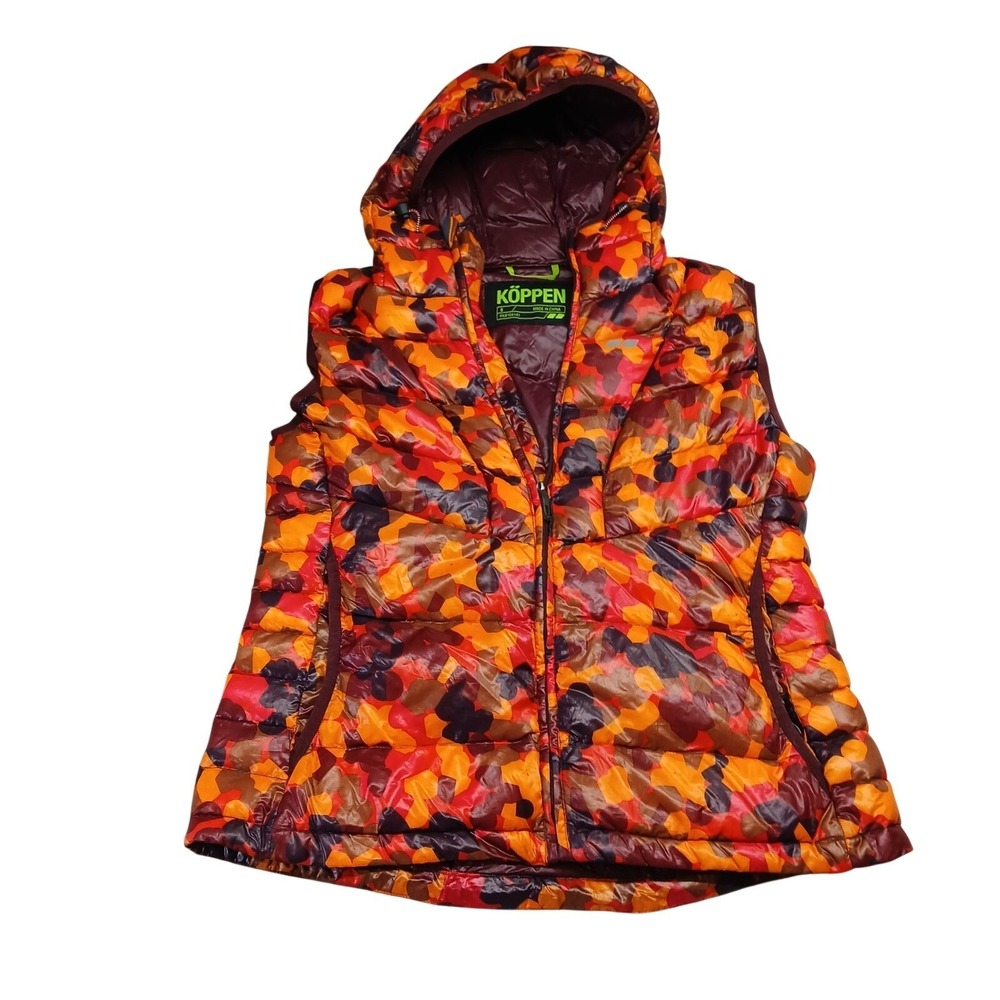Koppen Womens Small Down Puffer Vest Hooded Orange Burgundy Camo S